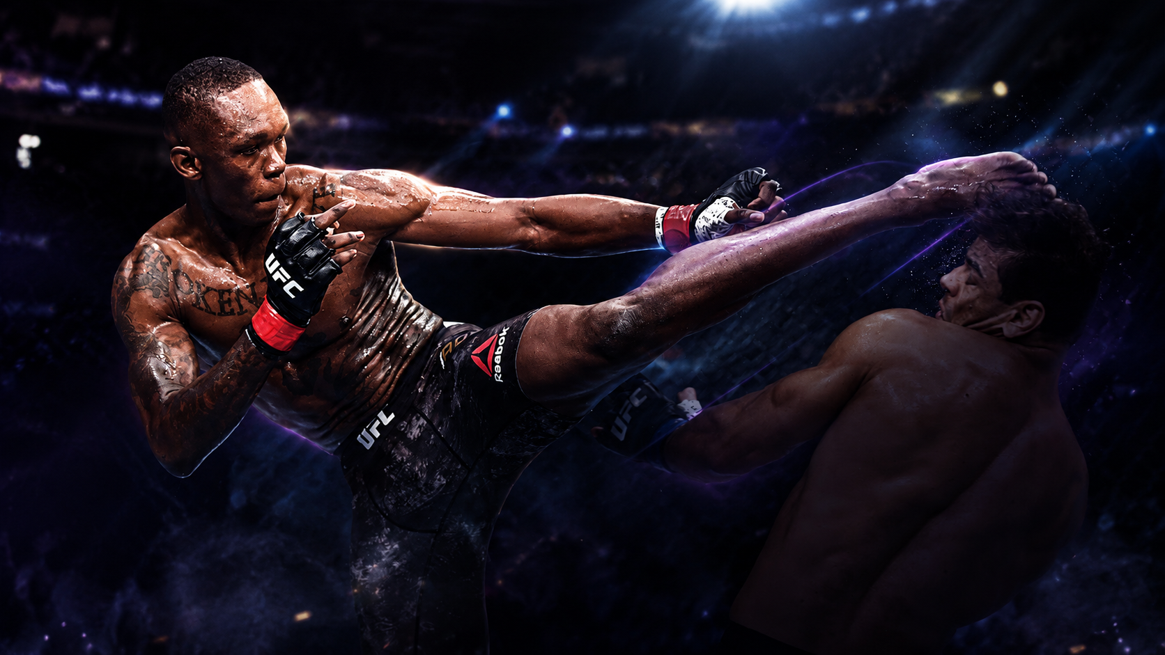 Adesanya lands a head kick under arena lights